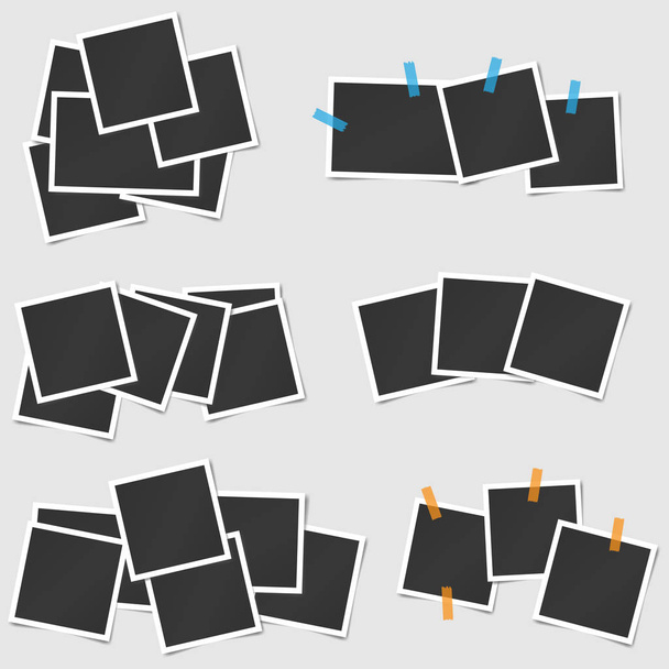 Gran conjunto de marcos de fotos de vectores cuadrados se apilan en cinta adhesiva. Plantilla vertical y horizontal diseño de fotos - Vector, Imagen