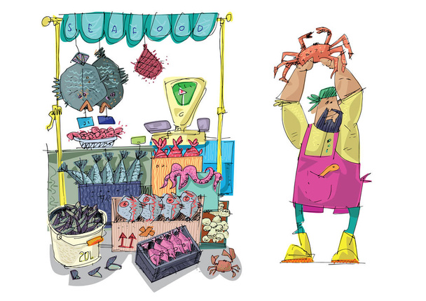 Vendor stays near cute seafood marketplace full of all kind of oceanic and sea food. Cartoon. Caricature. - Vector, Image