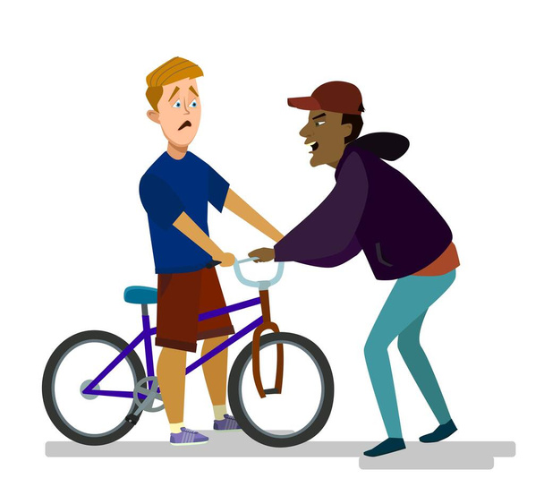 Bully takes the bike from a teenager. Vector illustration . - Vector, Image