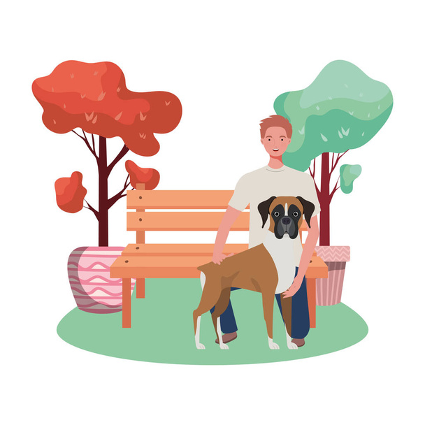 young man with cute dog mascot in the park - Vector, Image