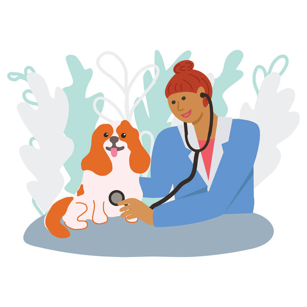 Veterinary concept with doctor medical examination of dog. - Vector, Image
