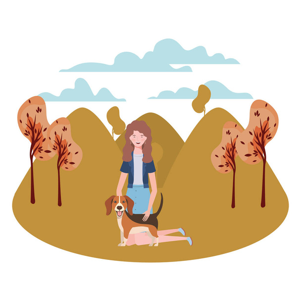 junge Frau mit süßem Hund auf dem Feld - Vektor, Bild