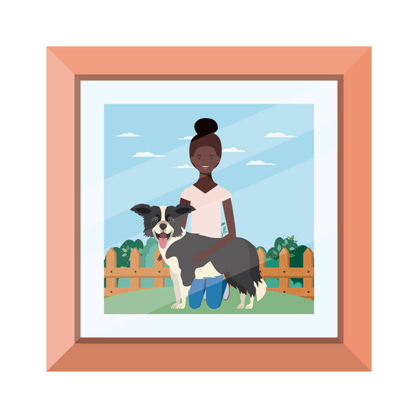 giovane donna afro con simpatico cane in foto
 - Vettoriali, immagini