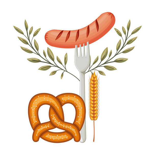 νόστιμο λουκάνικο λουκάνικο frankfurter σε πιρούνι με pretzel - Διάνυσμα, εικόνα