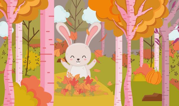 cute rabbit playing with leaves forest hello autumn - Vector, Image
