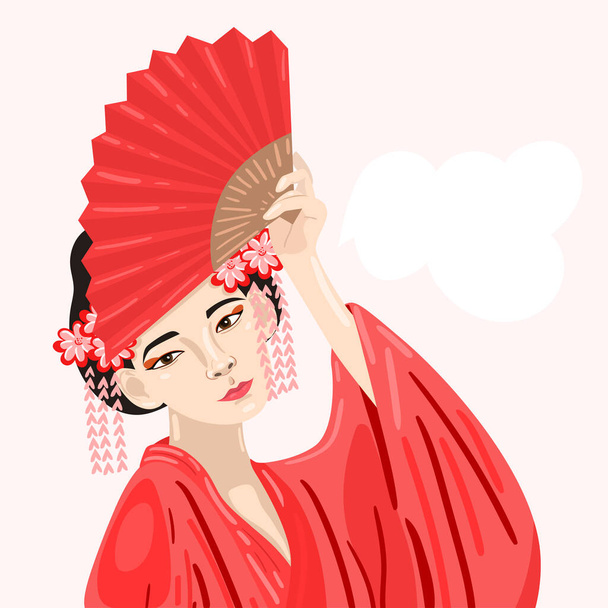 伝統的な髪型のファンを持つ日本人の女の子 - ベクター画像