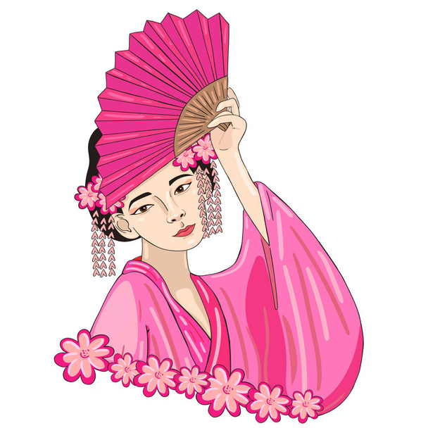 Japanese girl with a fan with a traditional hairstyle - ベクター画像