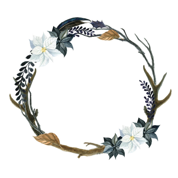 Wreath for halloween isolated on a white background. Watercolor illustration with skull and flowers. Suitable for cards, invitations, holidays, etc. - Foto, imagen