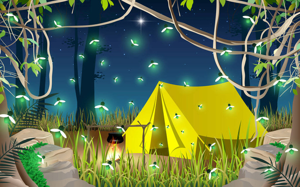 夜になると森の中でテントを張って - ベクター画像