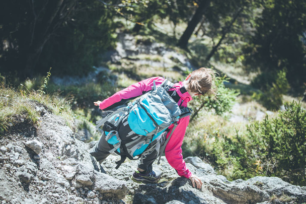 young  woman hiker climbing on rock on mountain peak cliff  - Foto, Imagen