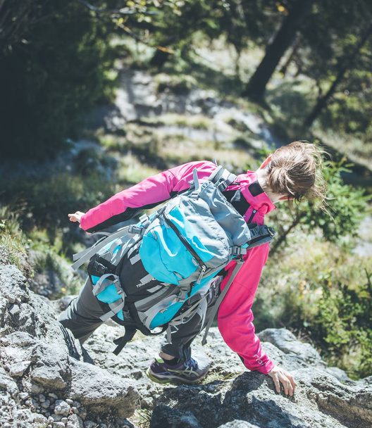 young  woman hiker climbing on rock on mountain peak cliff  - Fotografie, Obrázek