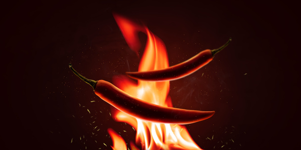 Piments rouges avec une poudre sur un élément de feu et fond chaud. Nourriture épicée et concept brûlant. Explosion de paprika chili savoureux
. - Photo, image