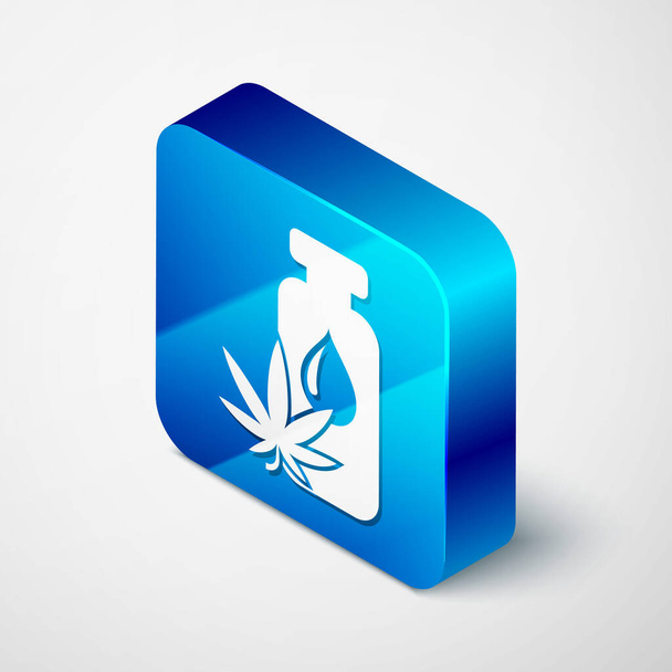 Isometrische medische marihuana of cannabis blad olijfolie drop icoon geïsoleerd op witte achtergrond. Cannabisextract. Hennep symbool. Blauwe vierkante knop. Vector Illustratie - Vector, afbeelding