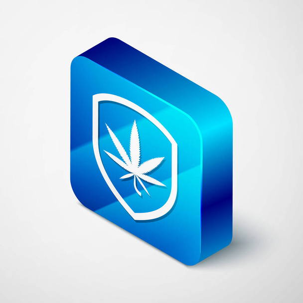 Isometric Shield et l'icône de la marijuana ou de la feuille de cannabis isolé sur fond blanc. Légalisation de la marijuana. Symbole de chanvre. Bouton carré bleu. Illustration vectorielle
 - Vecteur, image