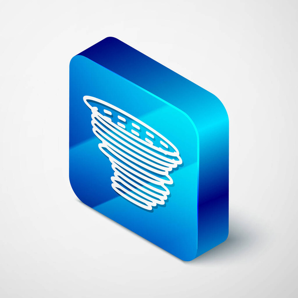Isometric Tornado icon isolated on white background. Cyclone, whirlwind, storm funnel, hurricane wind or twister weather icon. Blue square button. Vector Illustration - Vector, Image