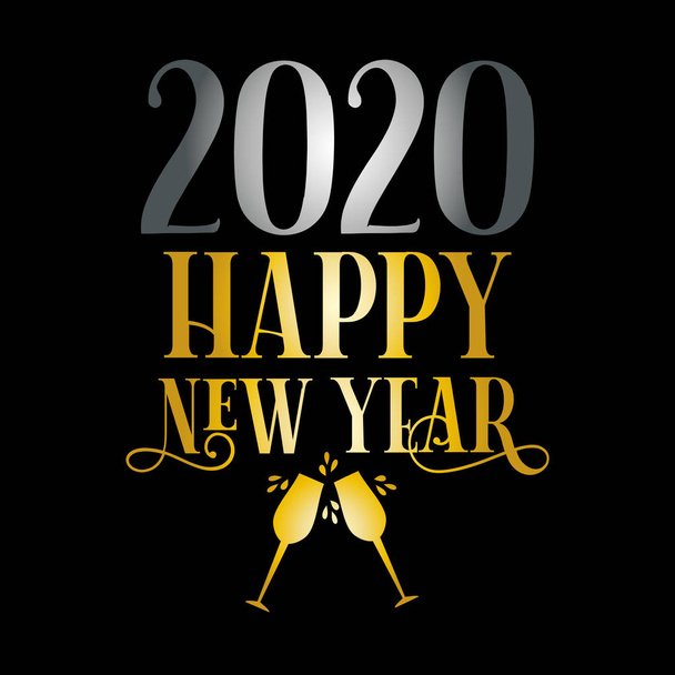 Felice anno nuovo 2020 vacanza invernale disegno biglietto di auguri, oro e colore sylver su sfondo nero. Buono per stampare, coprire, manifesti, volantini, t-shirt, biglietti, inviti, adesivi, banner
. - Vettoriali, immagini
