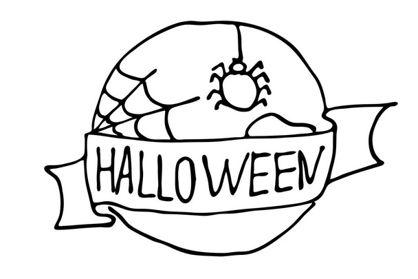 Umriss runde Etikett mit Band halloween um den Mond mit einer Spinne und Spinnweben. Vektor Illustration Handzeichnung auf weißem Hintergrund isoliert für Malbuch - Vektor, Bild