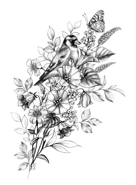 Goldfinch, Butterfly  and Wildflowers Bouquet. - Photo, image