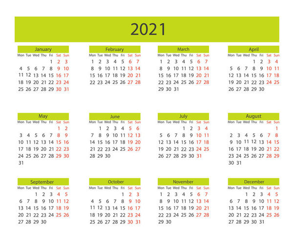 Büro grüner Kalender 2021 im flachen Stil, Vektor - Vektor, Bild