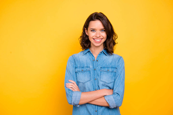 Portrait of cheerful positive nice freelancer feel glad optimistic about her college university work wear modern outfit isolated over bright color background - Фото, изображение