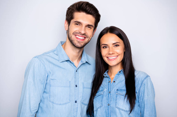 Close-up portrait of his he her she nice attractive charming lovely lovable sweet cheerful cheery confident couple wearing casual isolated over light white gray pastel color background - Valokuva, kuva