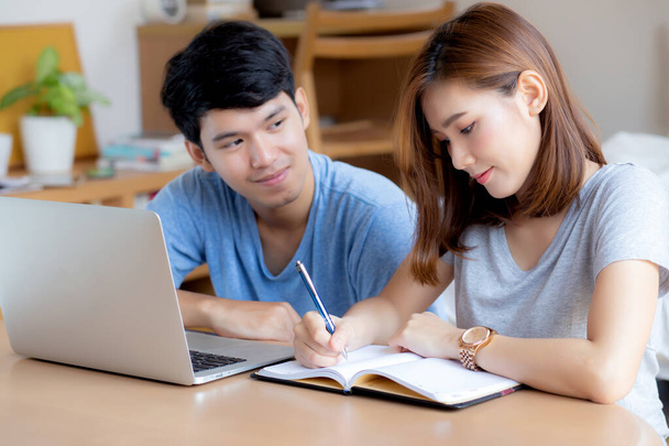 Beautiful young asian couple calculate expenses finance with lap - Photo, Image