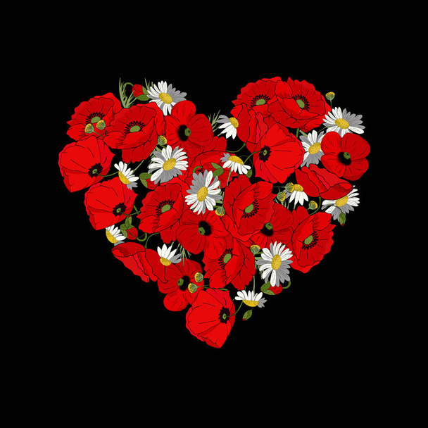 Heart of flowers on a black background. Fashion print on t-shirt, sweatshirt. Red poppies and field daisies in the shape of a heart. Template for a romantic greeting card with floral elements - Foto, imagen
