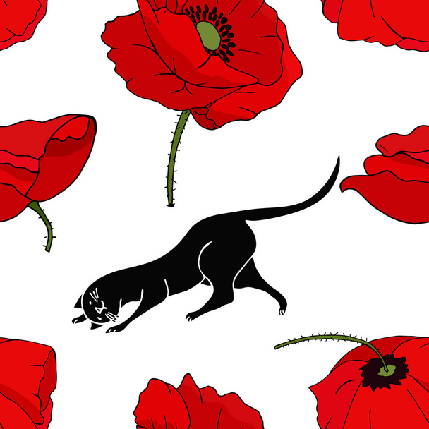 Seamless texture with cat and cat tracks and poppies on a white background. - Zdjęcie, obraz