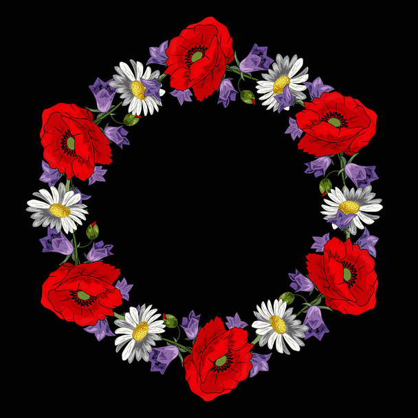 A large beautiful wreath of bright red poppies, purple cornflowers and field daisies on white background. Pattern for t-shirts. Template for a romantic card with wild flowers - Φωτογραφία, εικόνα
