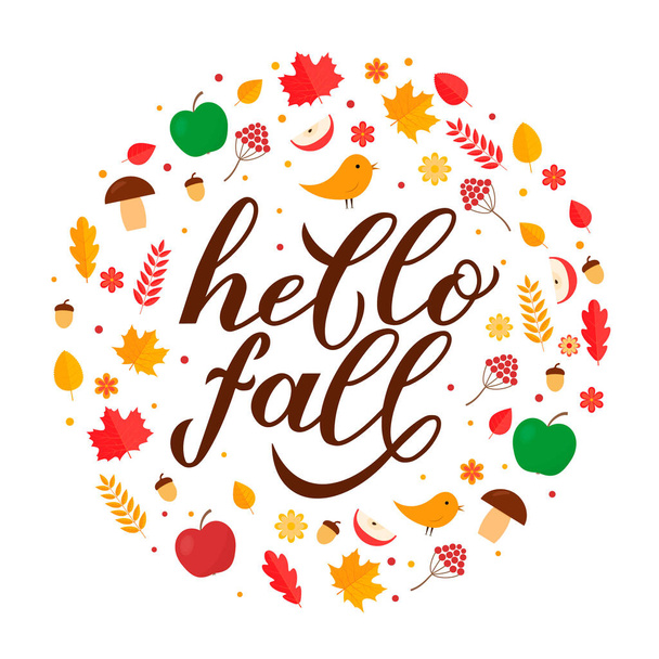 Hello fall calligraphy hand lettering in circle frame of leaves and acorns. Autumn seasonal inspirational quote typography poster. Easy to edit vector template for banner, flyer, sticker, postcard. - Вектор,изображение