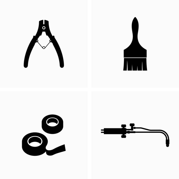 Set of repair tools, brush, burner, electrical or insulating tape and pliers - Vector, Image