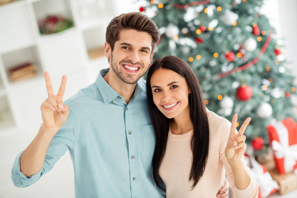 Top above high angle photo of two people charming couple feel romance making v-signs celebrate christmas time x-mas holidays in house indoors - Zdjęcie, obraz