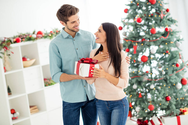Portrait of two people attractive man give christmas gift package to his woman scream omg enjoy x-mas tradition in house with newyear decoration indoors - Foto, Imagen