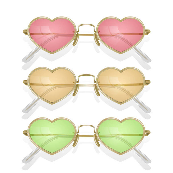Joukko realistisia aurinkolaseja, joissa on värilliset kehykset, joissa on sydämen muoto, vektorikuva
 - Vektori, kuva