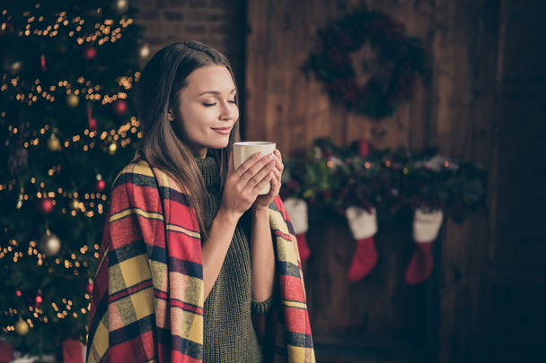 Profil photo latérale de femme positive rêveuse couvert à carreaux couverture sentir le plaisir sur Noël vacances tenir tasse odeur boisson chaude dans la maison avec x-mas ornement couronne chaussettes rouges à l'intérieur
 - Photo, image