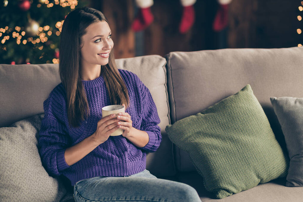 Portrait of peaceful calm girl sit on divan look enjoy christmas celebration hold cup mug with eggnog in house full of newyear decoration - Foto, Imagen