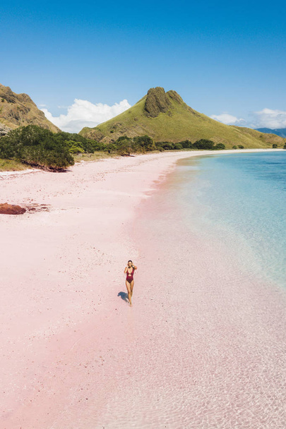 Woman walking and enjoying empty paradise tropical beach. Nobody - Zdjęcie, obraz