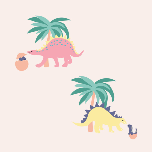 Cute dinosaurs and palm trees, vector illustration - ベクター画像