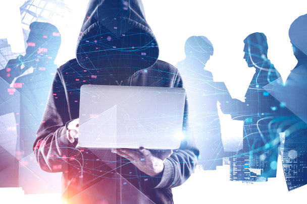 Hacker in hoodie in city, business people - Photo, Image