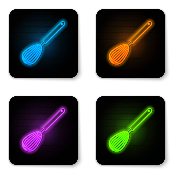 Gloeiende neon Kitchen garde icoon geïsoleerd op witte achtergrond. Kookgerei, eierklopper. Bestekbord. Voedselmix symbool. Zwarte vierkante knop. Vector Illustratie - Vector, afbeelding