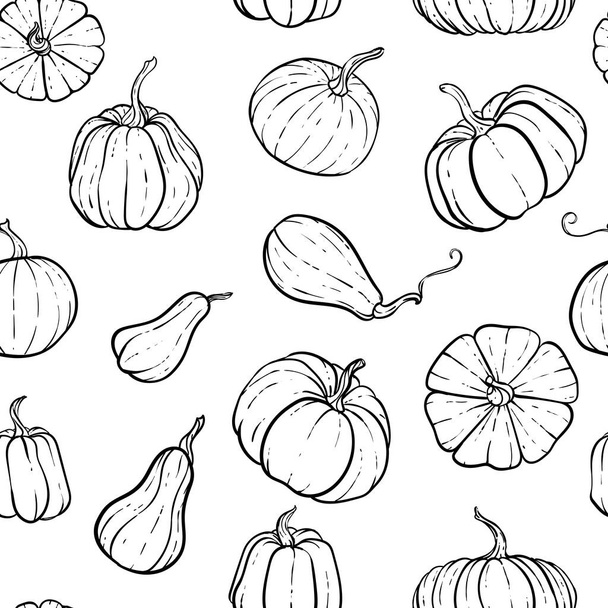 Seamless pattern with hand drawn black and white pumpkin. Cute autumn pattern Seamless textile. design for greeting card and invitation of seasonal fall holidays, halloween, thsanksgiving, harvest - Vettoriali, immagini