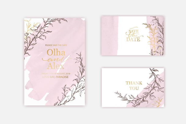 Blush watercolor texture card. Floral wedding invitation design. Pale pink hand painted brush stroke. Thank you card, invitation template. - ベクター画像
