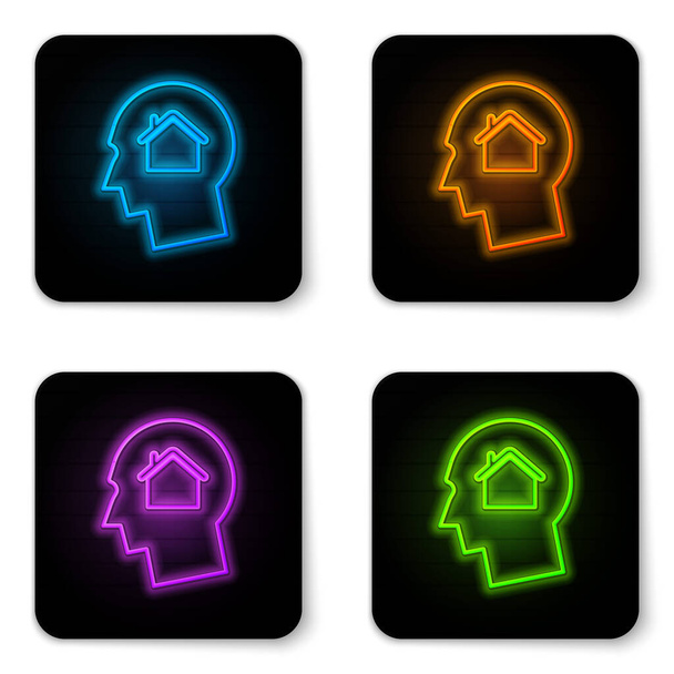 Glowing neon Man dreaming about buying a new house icon isolated on white background. Black square button. Vector Illustration - Vector, Image