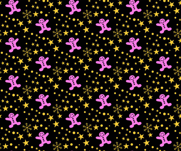 Різдвяний безшовний візерунок із зірками та сніжинками на чорному тлі. Колір - чорний, рожевий, жовтий. Векторне зображення
 - Вектор, зображення