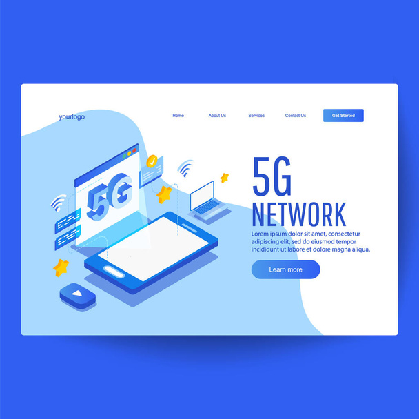 Concept isométrique 5g avec smartphone bleu, page web avec connexion établie
 - Vecteur, image