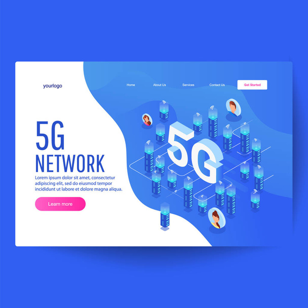 5G network technology, isometric concept of smart city, tall buildings with wireless internet - Vector, Image