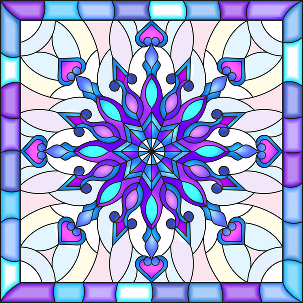 Ilustrace ve stylu barevného skla se sněhovou vločkou v modrých barvách v jasném rámečku  - Vektor, obrázek