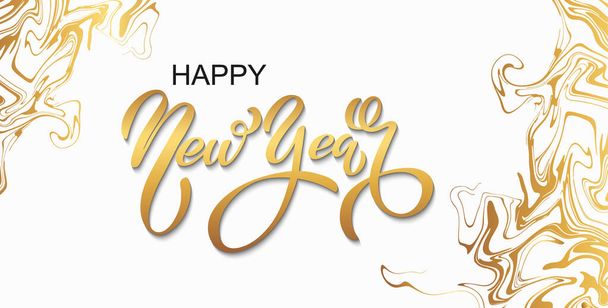 Happy new year banner. Vector illustration of a happy new year in gold and black colors. Beautiful inscription. Background for the holiday. - Vector, Image