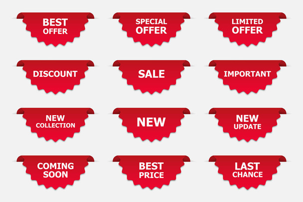 Set de etiquetas en rojo aisladas sobre fondo blanco. Banners para promoción.Ilustración vectorial
 - Vector, Imagen