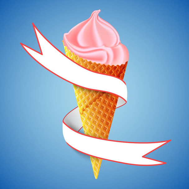 Strawberry or berry ice cream cone. 3d realistic object. Ribbon ads with inscription wrapped around icecream. Isolated on blue background - Vektor, Bild